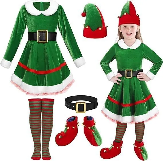 Ensemble de olympiques d'elfe de Noël pour filles, costume de jeu, robe en velours