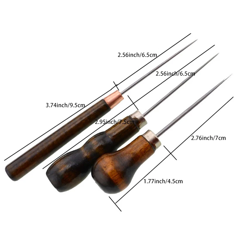 Wooden Handle Awl Punch Tool for DIY Leather Craft Sewing Awl Shoes Repair Tool Hand Stitcher Awl Pricker Hole Maker Accessories