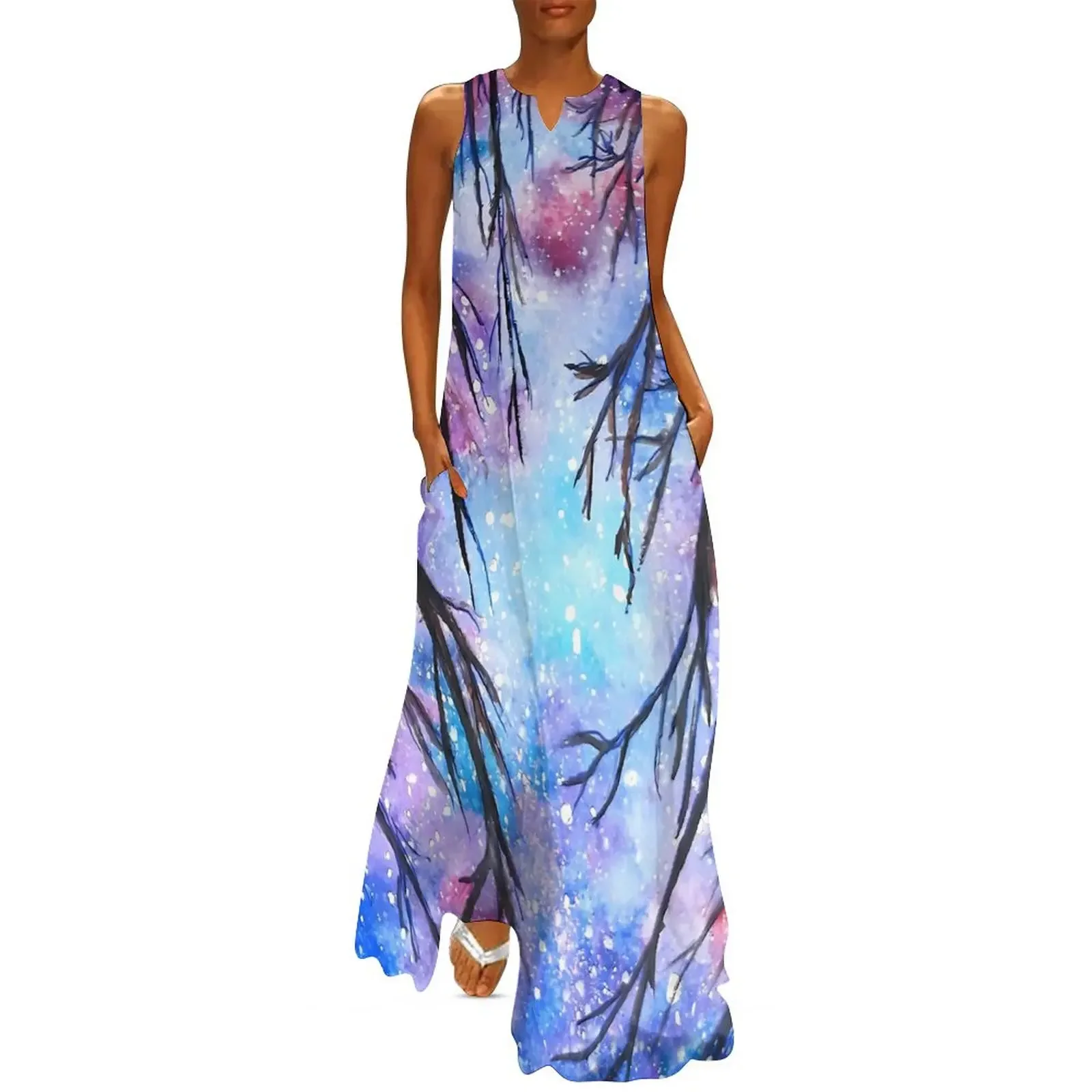Starry Night Women Dress Abstract Famous Painting Trendy Maxi Dress Street Casual Long Dresses Women V-Neck Sleeveless Vestidos