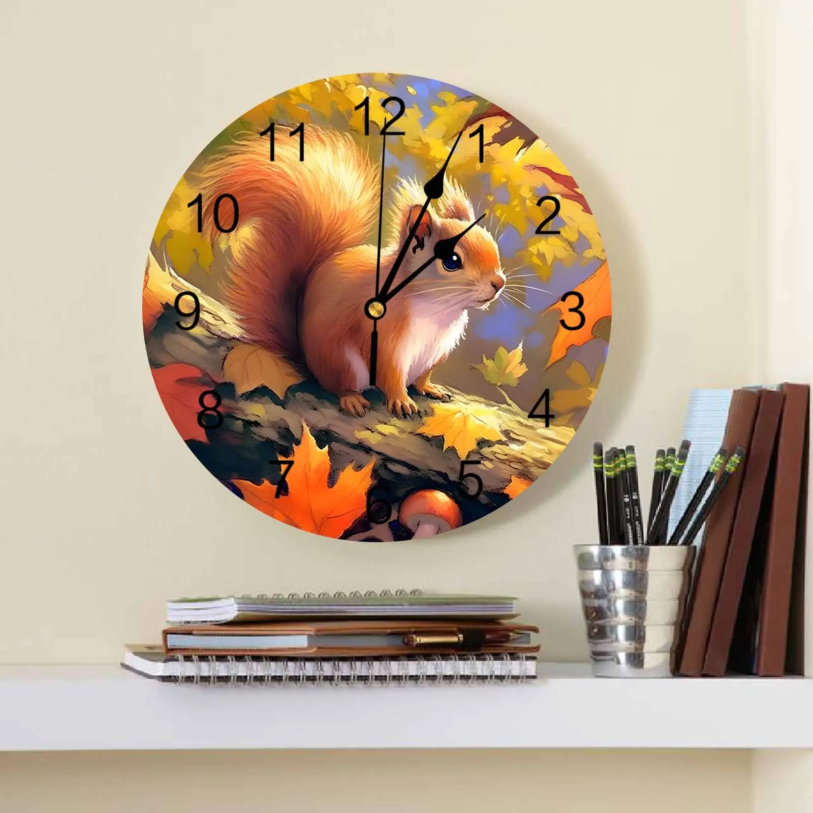 Forest Squirrel Maple Leaf Mushroom Printed Wall Clock Modern Silent Clock Living Room Home Decor Wall Hanging Watch