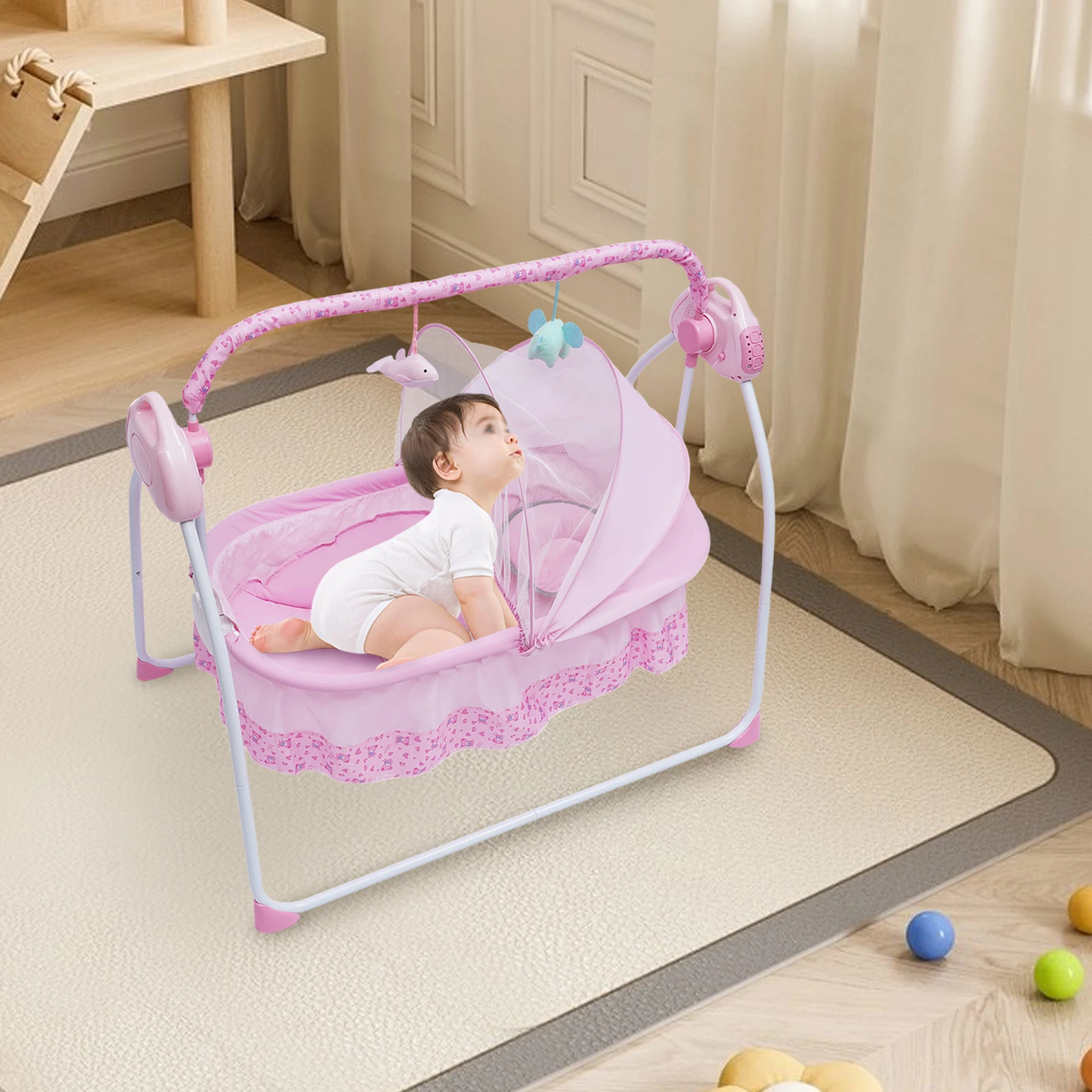 Roze Elektrische Babybedje Wieg Auto-Swing Baby Pasgeboren Bed Multifunctionele Auto Swing Rocker Timer Functie met Klamboe
