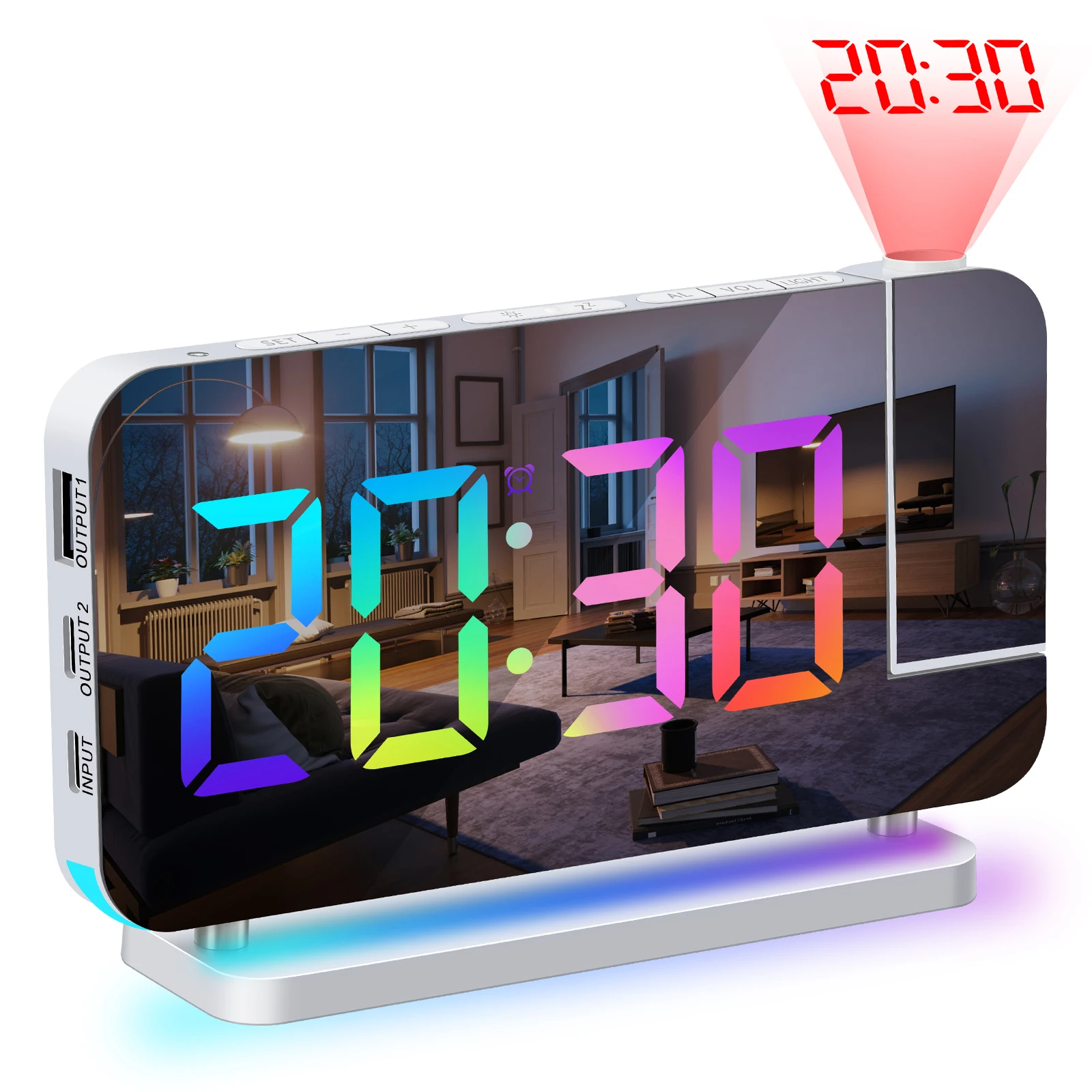 Projection Alarm Clock RGB Colorful LED Digital Clock with Mirror USB Charger Snooze Function 180 Degrees Projector on Ceiling