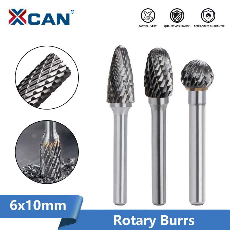 XCAN Files 1pc 6mm Shank Carbide Double Cut Rotary Burrs Bit 10mm Diameter Rotary File for Dremel Rotary Tools Abrasive Tools