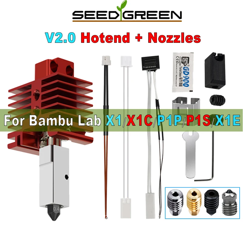 

Bambu Lab X1/X1C/P1P/P1S Металлический Hotend с охлаждающим вентилятором Закаленная латунь Медь Биметаллическое сопло 0,2/0,4/0,6/0,8 мм 3D-принтер