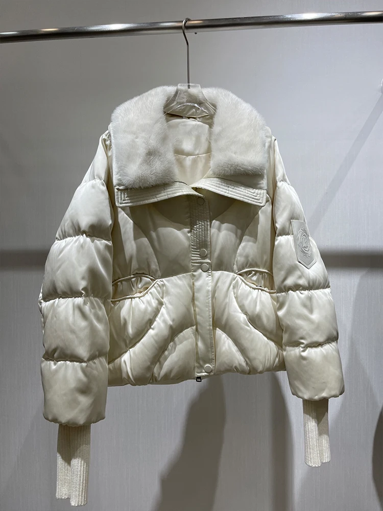 Chaqueta de plumas de ganso con cuello de piel de visón auténtica Natural, Parkas cortas de lujo, ropa de mujer 2024