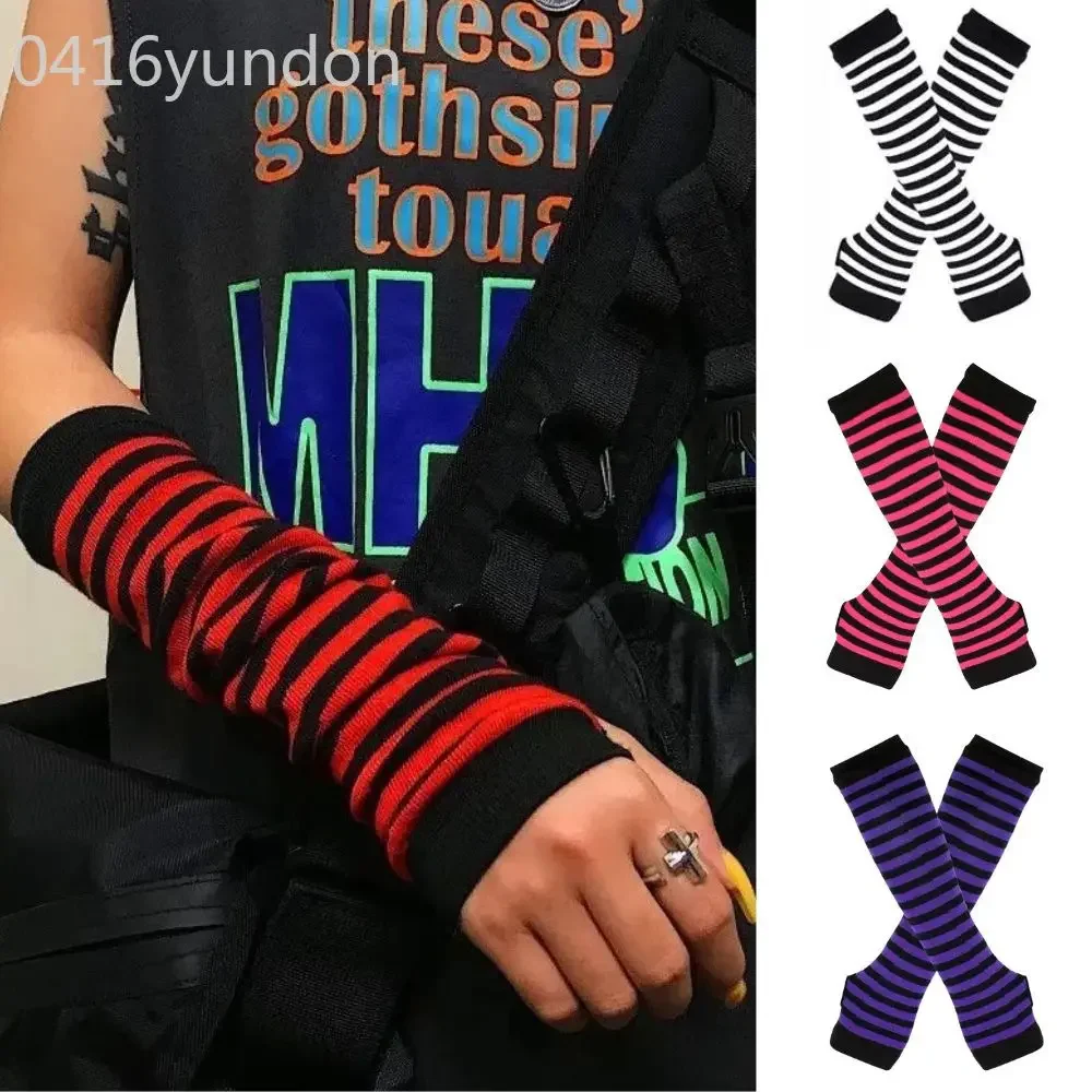 Hot Sale Striped Unisex Half Finger Gloves Long Women Girls Arm Sleeve Gloves Warmer Knitted Wristband Elbow Mittens Warm Cuff