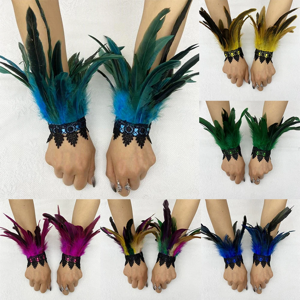 Punk Gothic Gloves Feather Wrist Cuff Stage Show Showgirl Natural Dyed Rooster Feather Arm Warmer Party Cosplay Costume