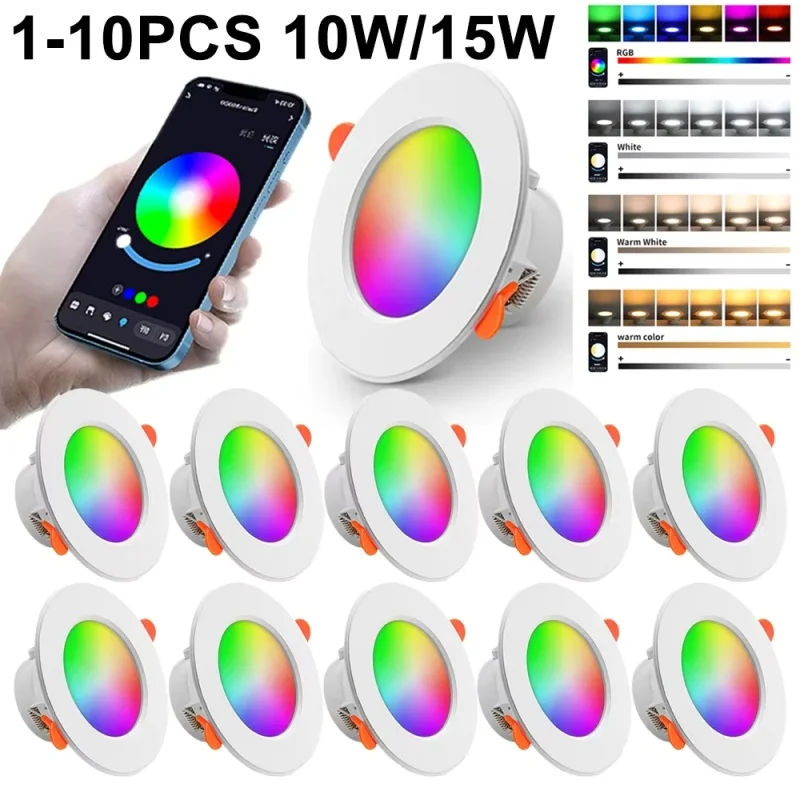 1-10pcs RGB LED Bulb Tuya Dimmable Downlight Spotlight Bluetooth-Compatible Lamp 10/15W APP Control GB+CW+WW Smart Lamp