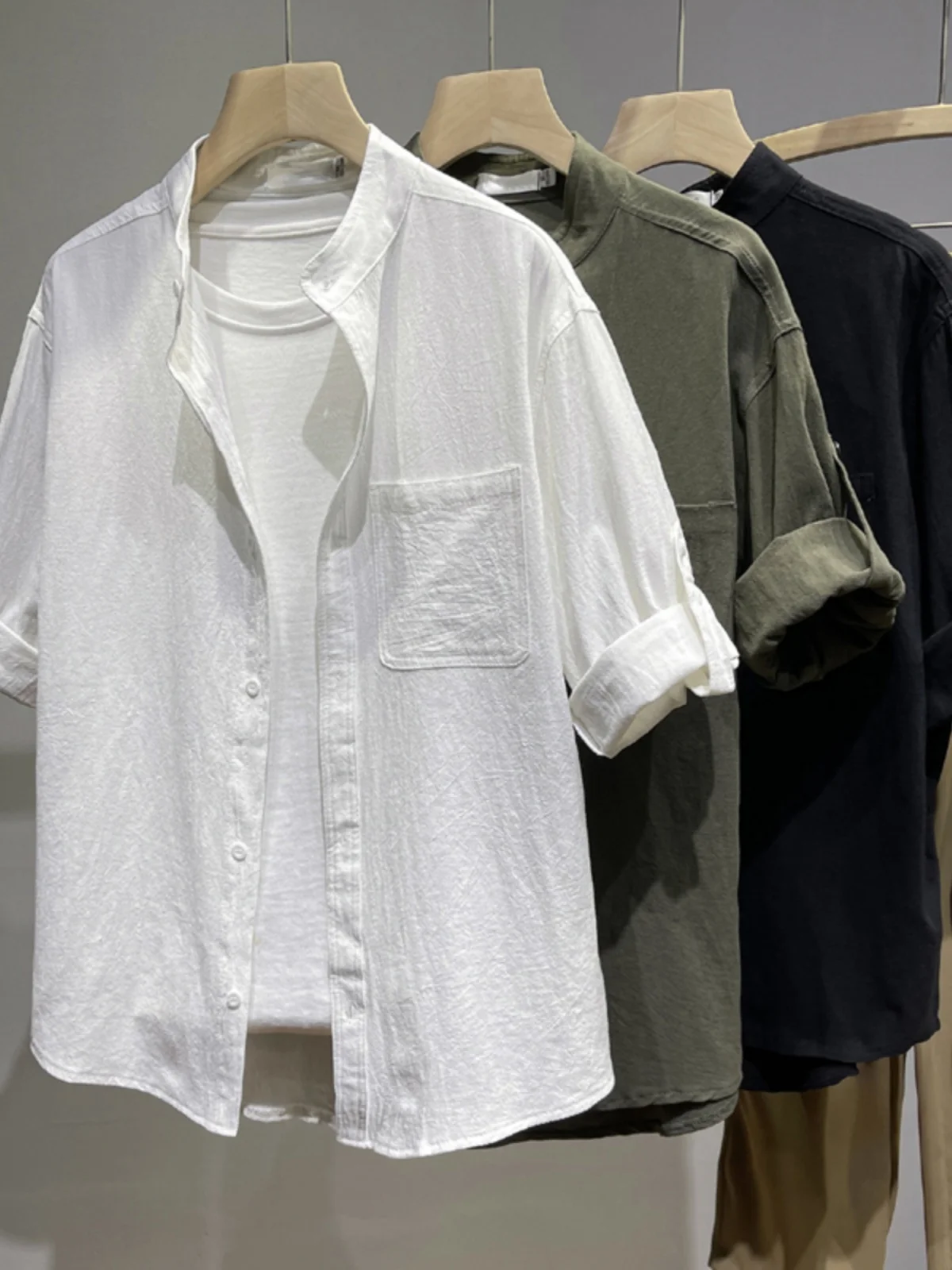 

New Chinese Sle Stand Collar Men's ort Sve irt Premium Ox Weave White Summer Faion Casual Cotton irt