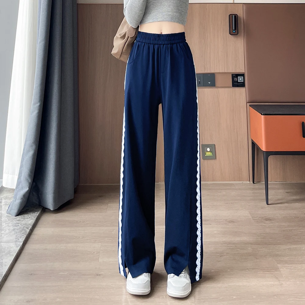 

European wide leg pants women's autumn and winter new high waisted plus size lace loose casual straight leg split banana pants