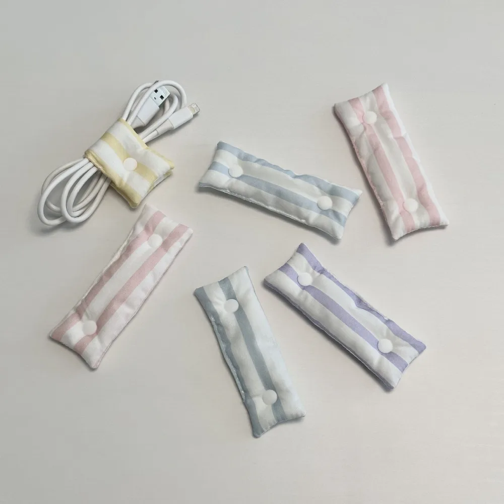 1 Piece Cute Fabric Macaron Stripe Fluffy Cable Organizer Multifunctional Desk Storage Pouch for Earphone Tie Soft Cord Winder