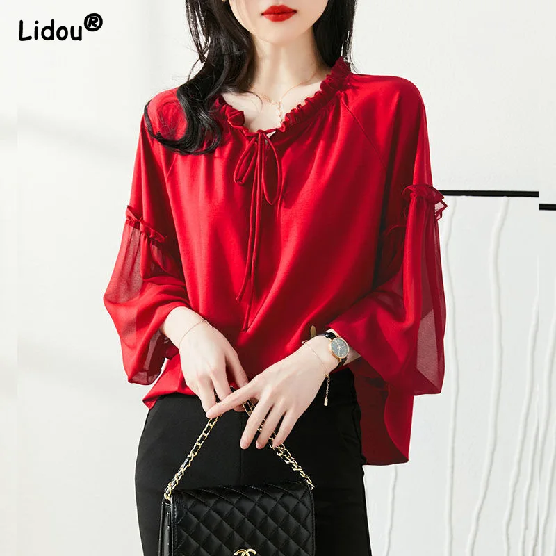 

Bright Colors Thin Chiffon Butterfly Sleeve Women Blouse Solid Office Lady Bow Spring Summer Women's Clothing Loose Pullover