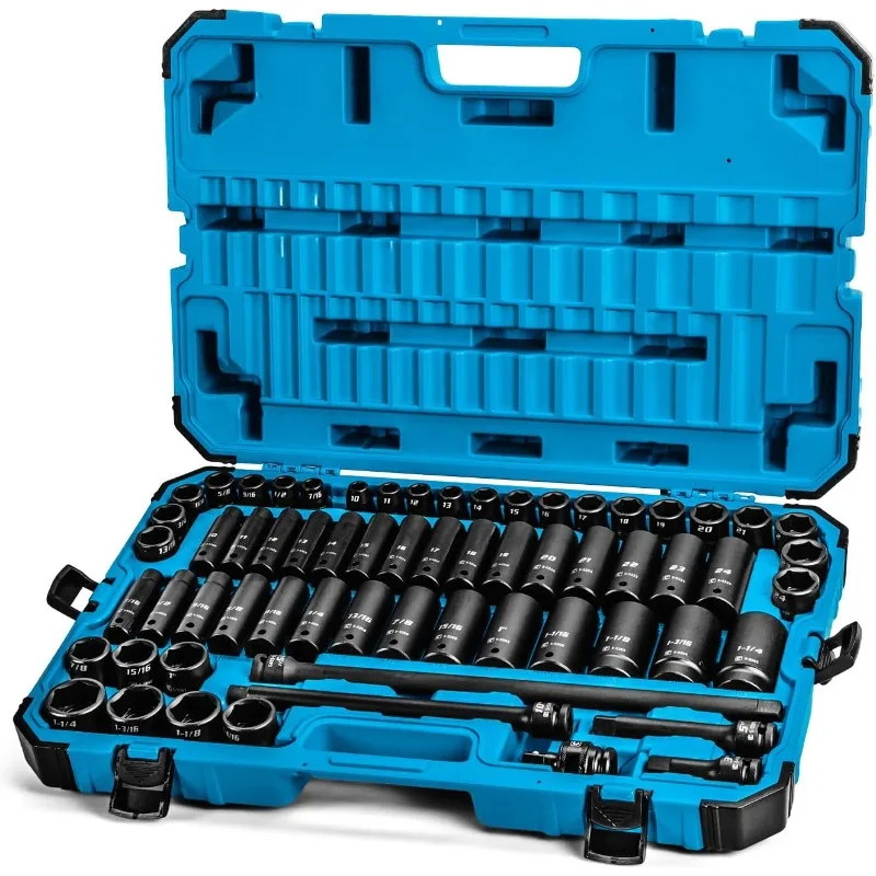 1/2-Inch Drive Deep Impact Socket Set with Adapters and Extensions, Master Set Metric and SAE, Manganese Phosphate, 63-Piece