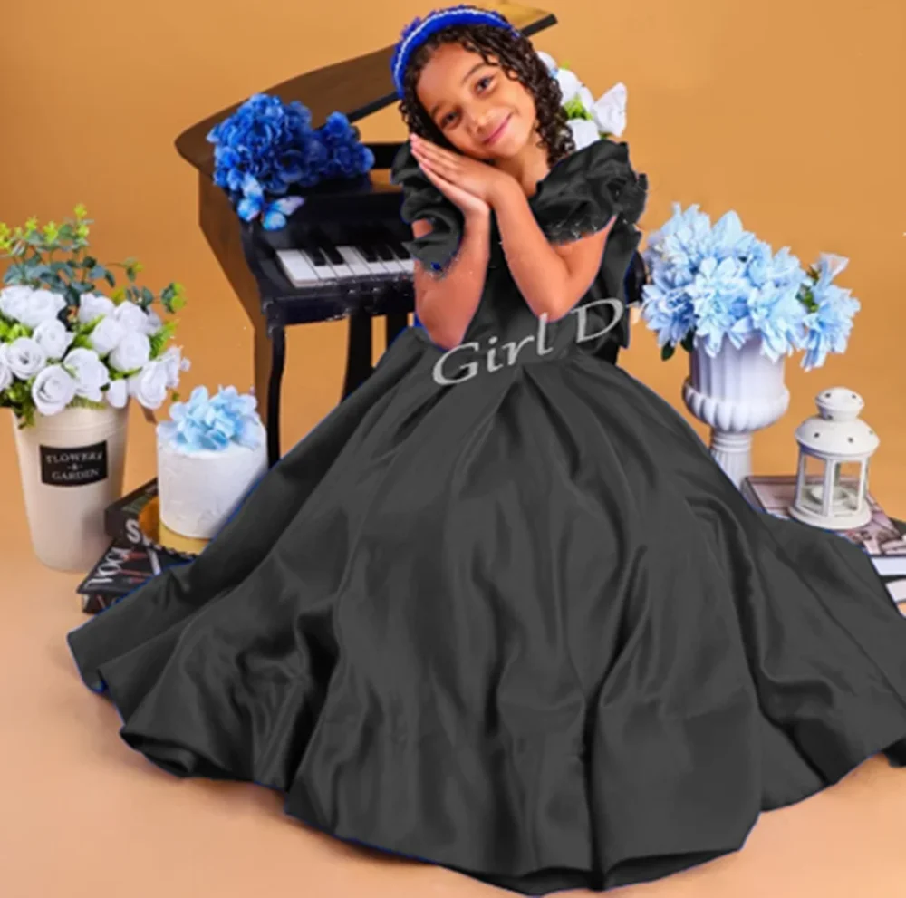 

Royal Black Satin Flower Girl Dress Pleats Floor Length Dresses With Bow Girls Elegant Birthday Party Ball Gown Customized