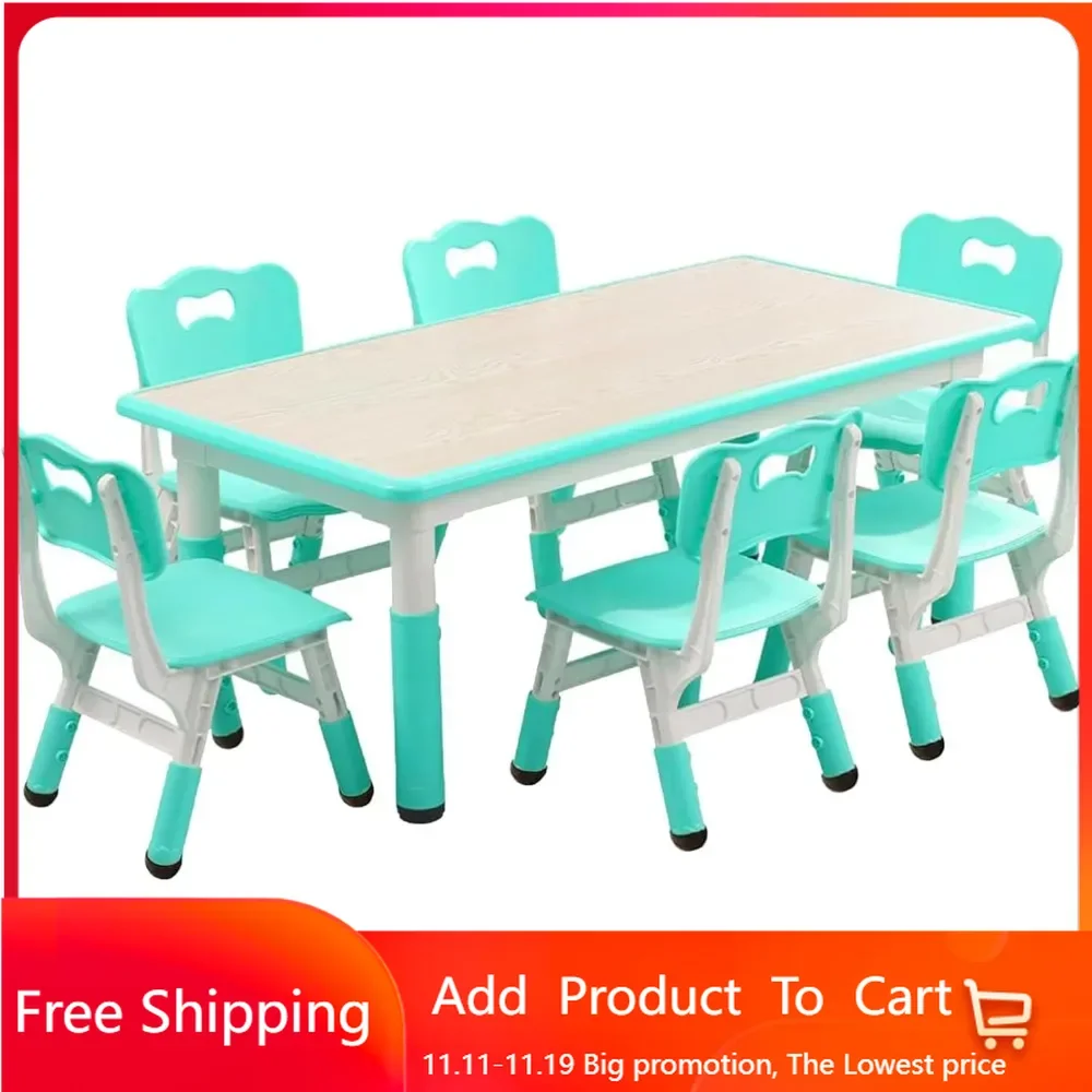 

Kids Table and Chairs Set, Height Adjustable Desk With 6 Seats for Ages 2-10,Arts & Crafts Table,Graffiti Desktop