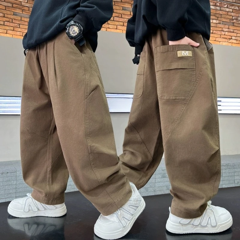 

Boys' Cotton Straight Cargo Pants, Kids Loose Fit Casual Long Trousers Curved Leg Style for Toddler Comfort Daily Wear