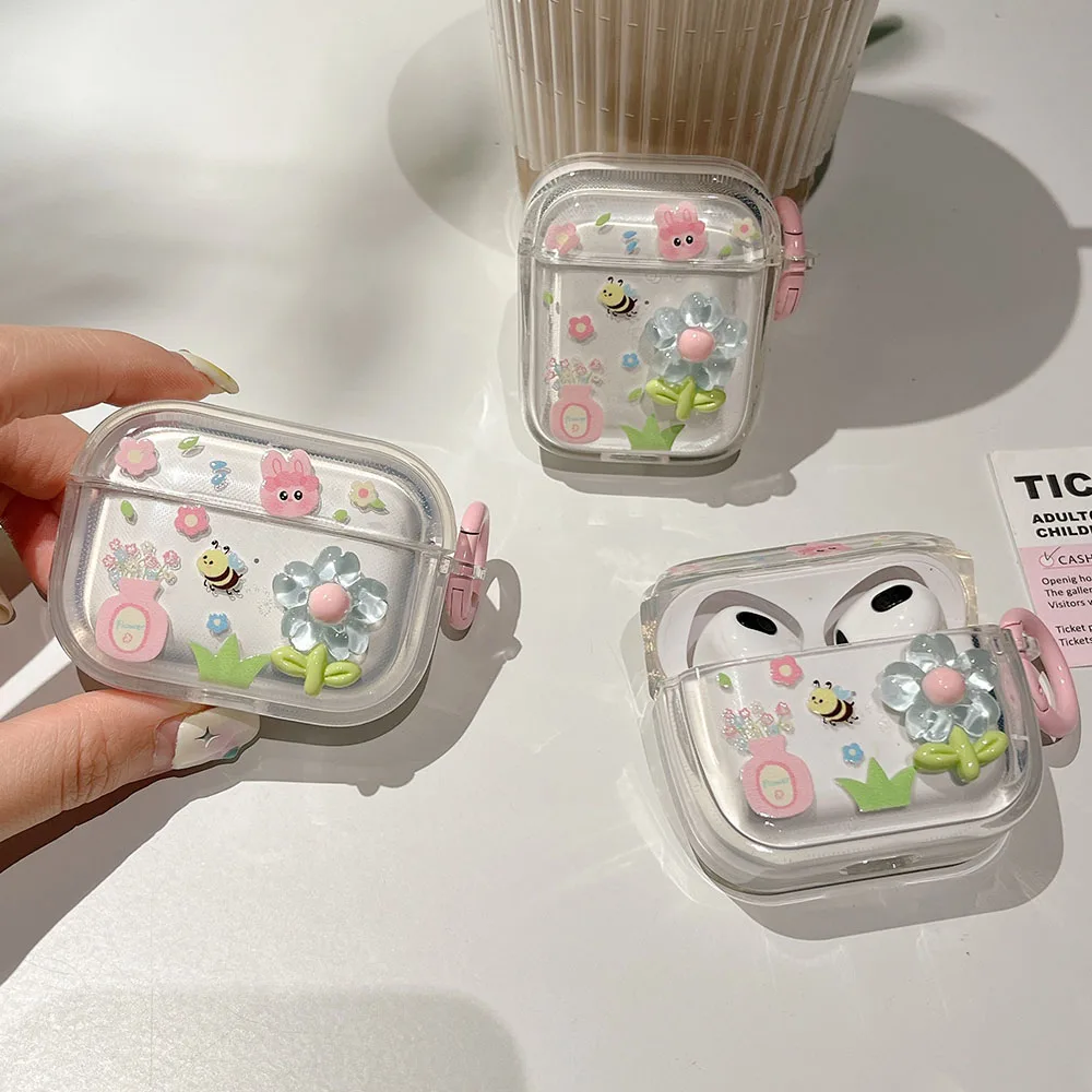 Bloemen Bee Hoge Transparante Case Voor Airpods 2 3 Pro Leuke Cover Voor Airpod 1/2 Soft Shell Headset Opladen doos Beschermende Gevallen