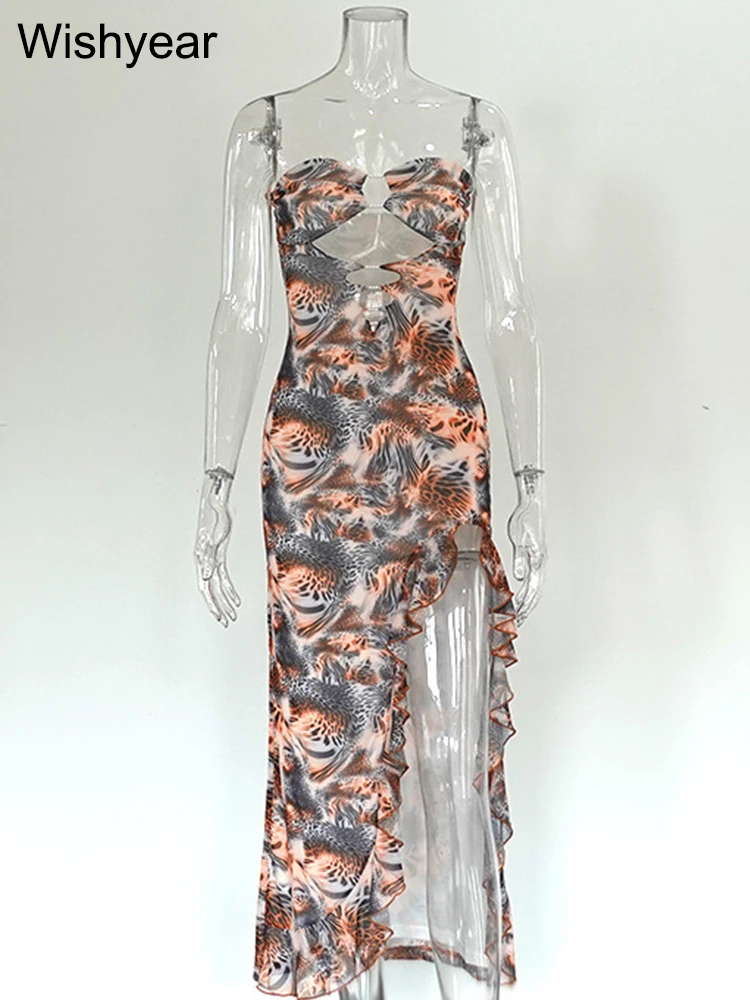 Wishyear Leopard Print Ruffle Hem Split mid Dress off Shoulder Strapless Slim Fit Cut out Backless Beach Party Women's Fashion