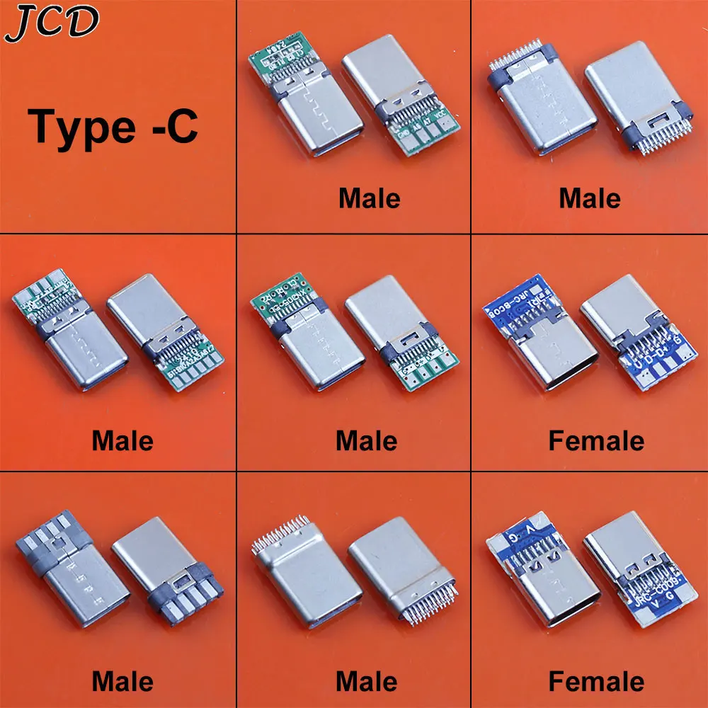 

JCD 10pcs Type C Connector Male Female Socket USB 3.1 Receptacle Adapter to Solder Wire Cable Support PCB Board Port Jack