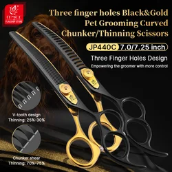 Fenice 7.0/7.25 Inch Three Finger Holes Black&Gold Pet Grooming Curved Chunker/Thinning Scissors JP440C Dog Beauty Tools
