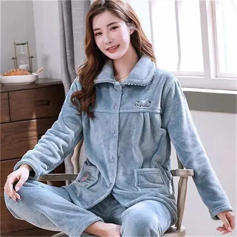 2024 New Autumn Winter Thicken Warm Flannel Pajamas Women's Clothes Loose Long-sleeved Home Clothes Female 2-piece Suit Pajamas