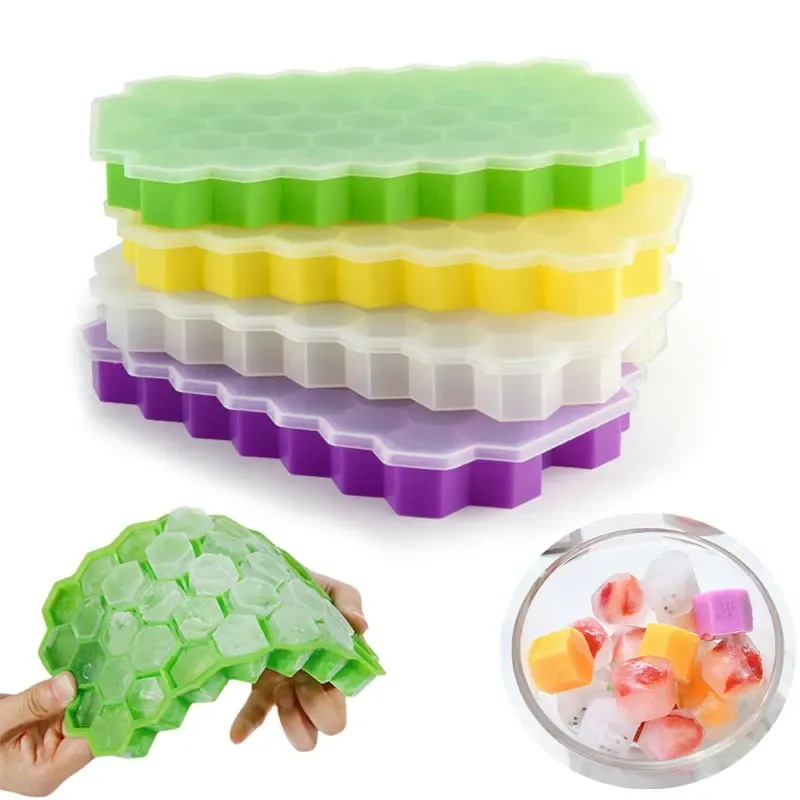 Ice Cube Mold Honeycomb Silicone Ice Cube Maker Ice Tray Mould Reusable Food Grade Maker with Lids for Summer Juice Wine