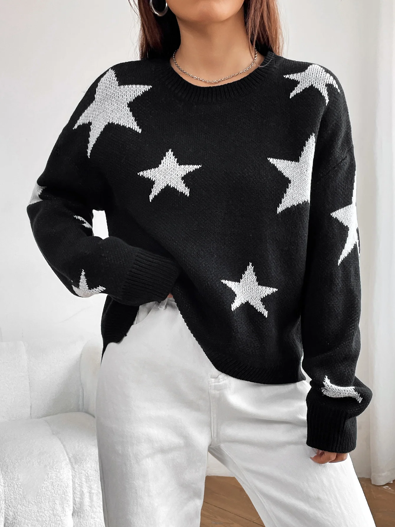 Spring women\'s blouse color contrast stars round neck pullover loose long-sleeved sweater