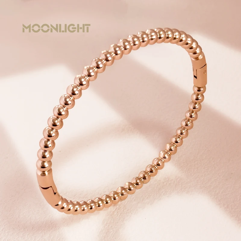 High Quality Stainless Steel Bangle for Female Jewelry Rose Golden Round Beads Cubic Zirconia Bangle Wedding Party Jewelry Gift