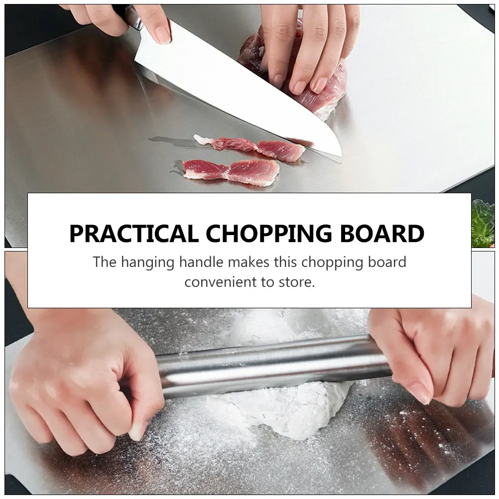 

1 шт. Двусторонняя разделочная доска из нержавеющей стали, сверхпрочная кухонная доска для нарезки с ручкой для подвешивания, для сырых и готовых продуктов