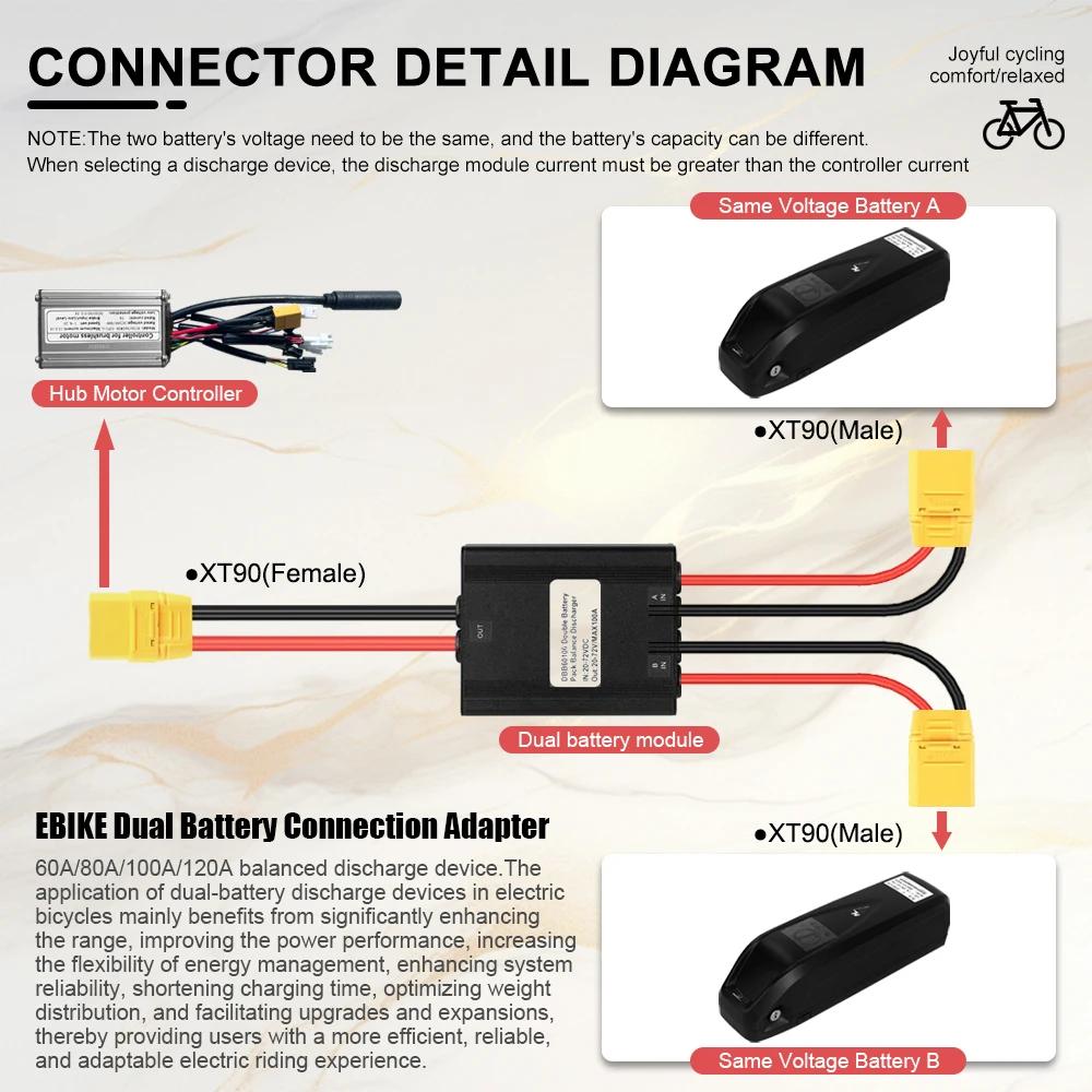 Electric Bicycle Dual Battery Connect 20-72V 60/80/100A 40-100V 120A Adapter Discharge Converter Ebike Module Balanced Discharge