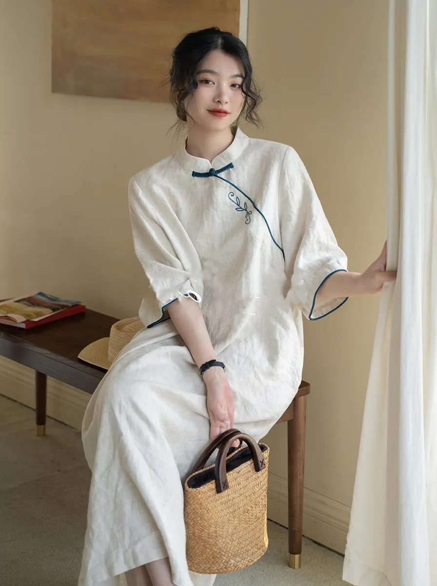 Vestido F de Verão Tamanho ande em Mistura de Aodão e Linho, Estilo Traje Tradicional Chinês para Chá,  M...
