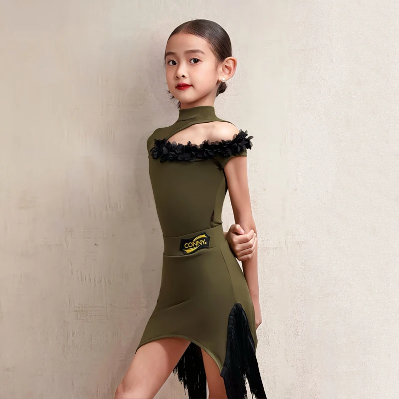 Latin dance costume for girls: fringe skirt with short-sleeved bodysuit, practice, performance, and show wear