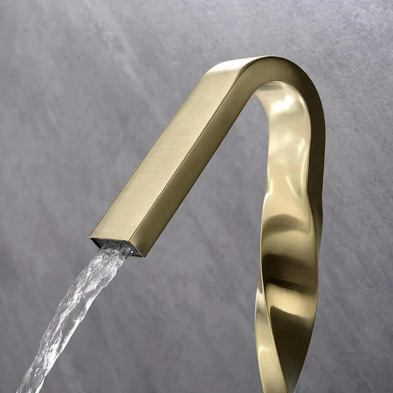 Brushed Gold Twist Design Bathroom Faucet Black Basin Waterfall Faucet Single Holde Deck Mounted