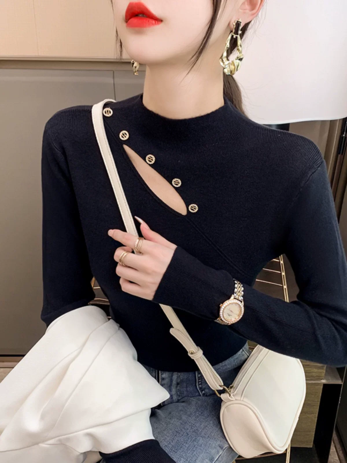 المرأة محبوك طبقة قاعدة أعلى الجوف خارج تصميم سليم صالح f عالية طوق الخريف الشتاء Faionable ملابس داخلية عادية Sle