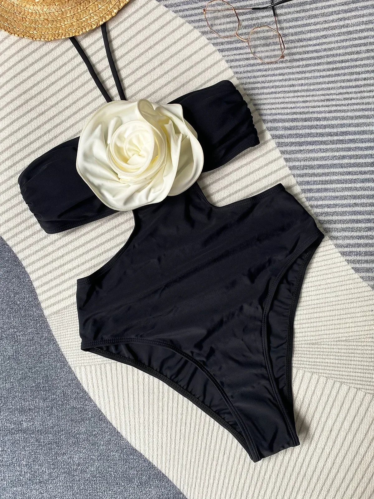 Sexy 3D Flower Halter Balck Swimwears Women One Piece Cut Out Swimsuit High Cut Bathing Suit Monokini Swimming Suit Beach Wear