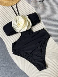 Sexy 3D Flower Halter Balck Swimwears Women One Piece Cut Out Swimsuit High Cut Bathing Suit Monokini Swimming Suit Beach Wear