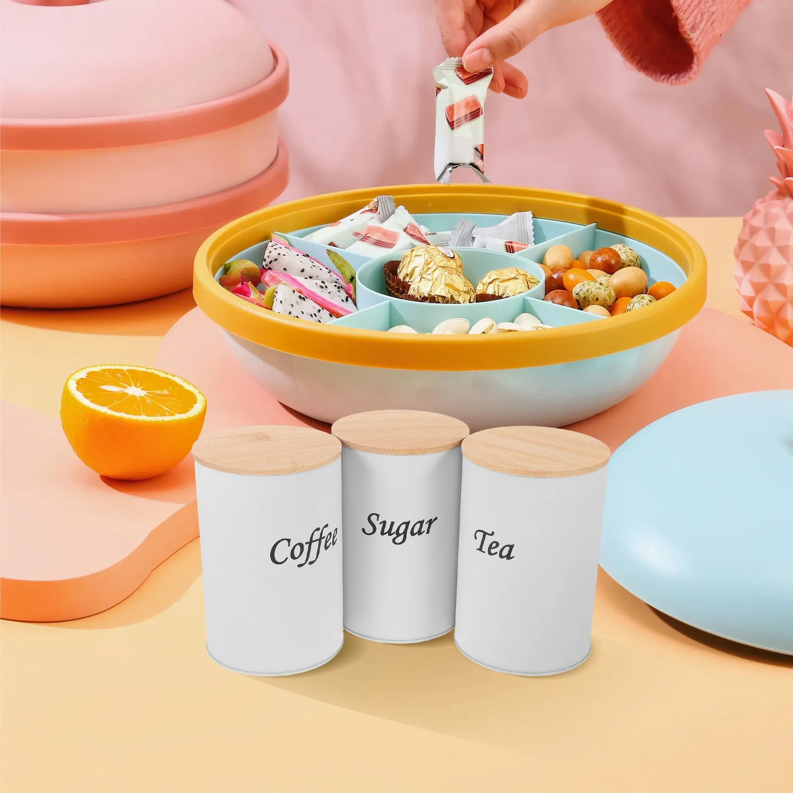 3Pcs Airtight Round Canisters Galvanized Iron Body Bamboo Lid for Coffee Tea Sugar Flour Rice Beans Stylish Kitchen Storage view 5