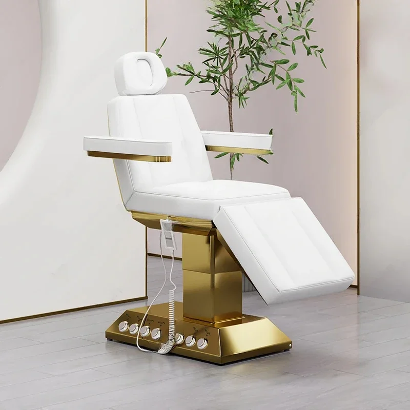 Luxo branco couro do plutônio mesa de massagem elétrica ouro base aço inoxidável massagem facial beleza spa cama com 4 motores