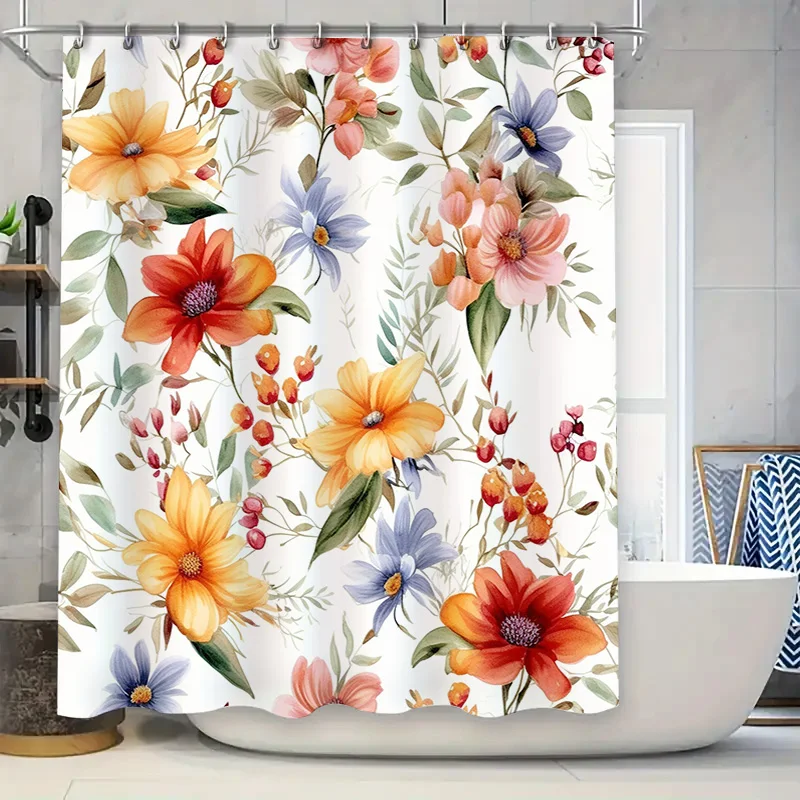 

Занавеска для душа с акварельным цветочным принтом, декор для ванной комнаты с оранжевыми, розовыми, красными, желтыми, синими цветами, 180x245 см, высококачественная ткань с принтом f