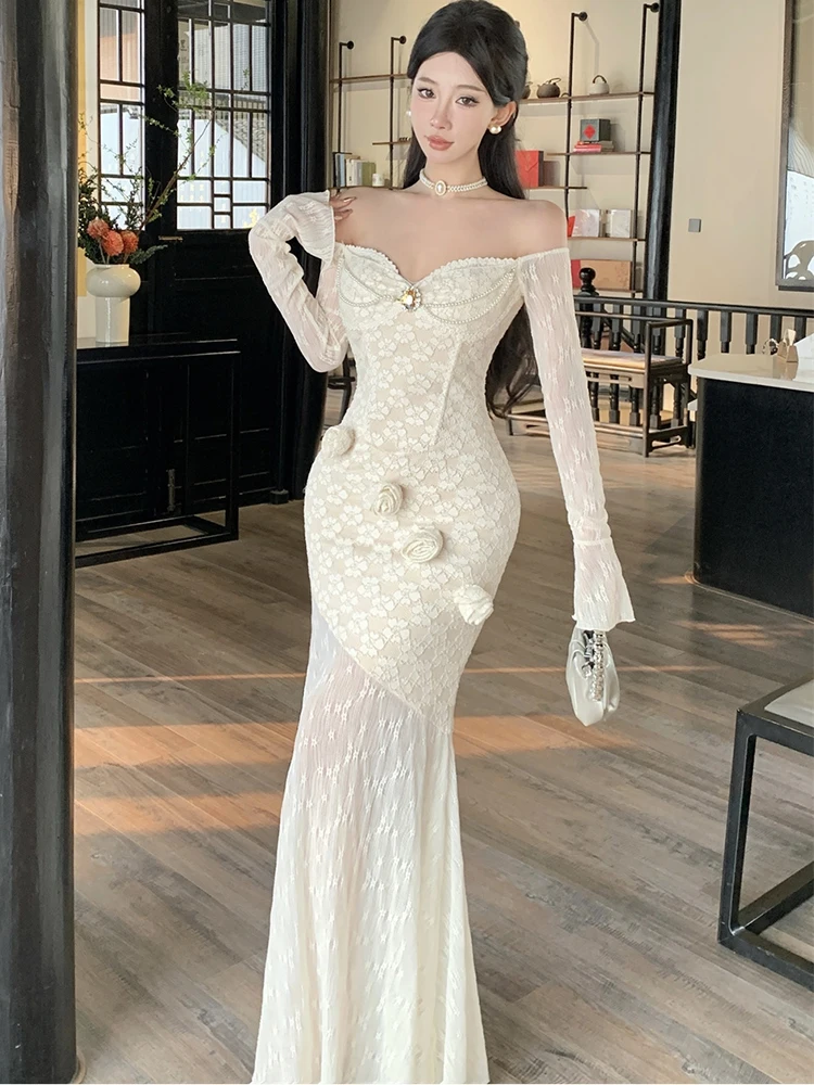 نساء أزياء من الدانتل الجاكار المرقعة تكدرت فستان حورية البحر المرأة شيك مائل الرقبة فستان مثير 2025 فساتين المهرجان الكورية الفاخرة