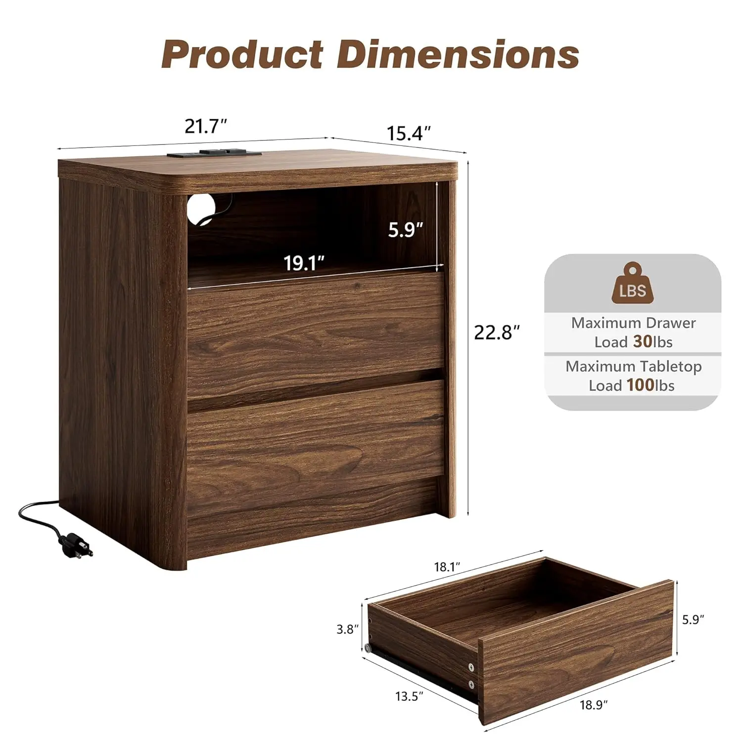 3 Pieces Bedroom Set, 55 Inch Width 7-Drawer Dresser & 2-Drawer Nightstands Set of 2,Nightstand with USB Nightstand, Customized - view 3