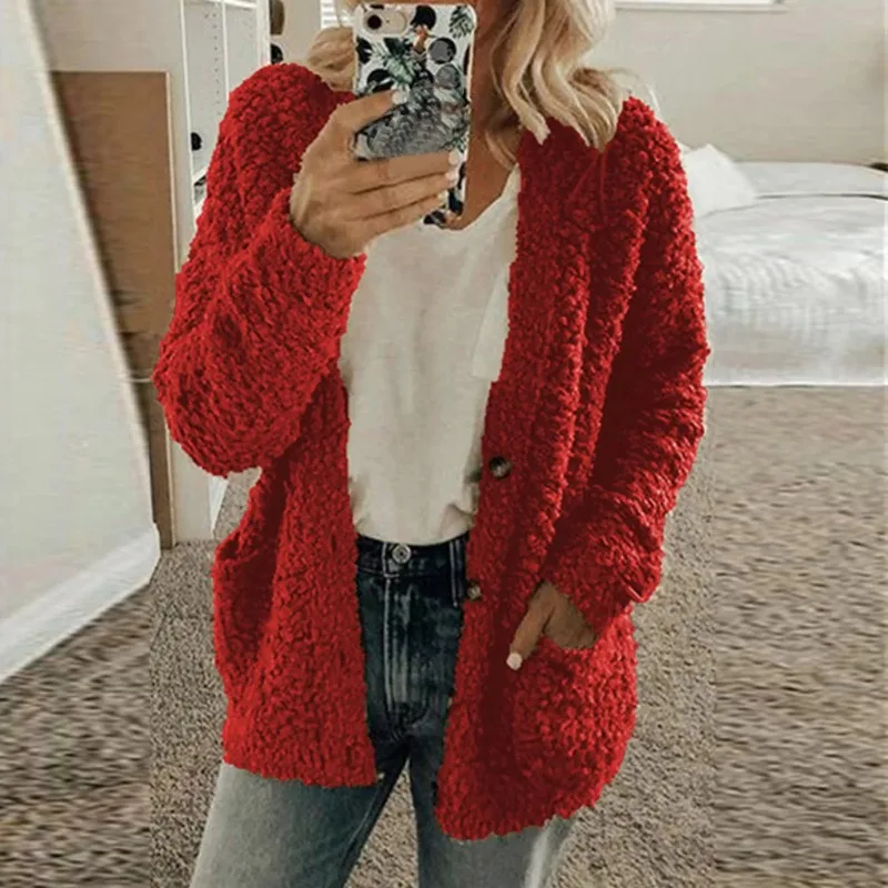 Sweater Jacket Solid Women Top Casual Outerwear Plus Size Elegant Buttons Cardigan Office Lady Pockets Loose Coat Autumn Winter