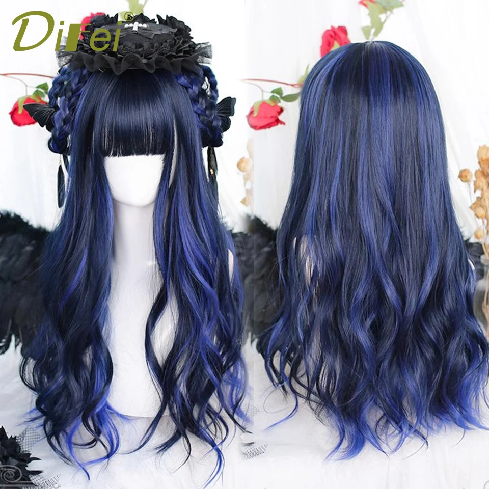 Synthetic Wig Female Classical Elegance Lolita Black Highlights Blue Straight Bangs Long Curly Hair Cosplay Christmas Party Wig