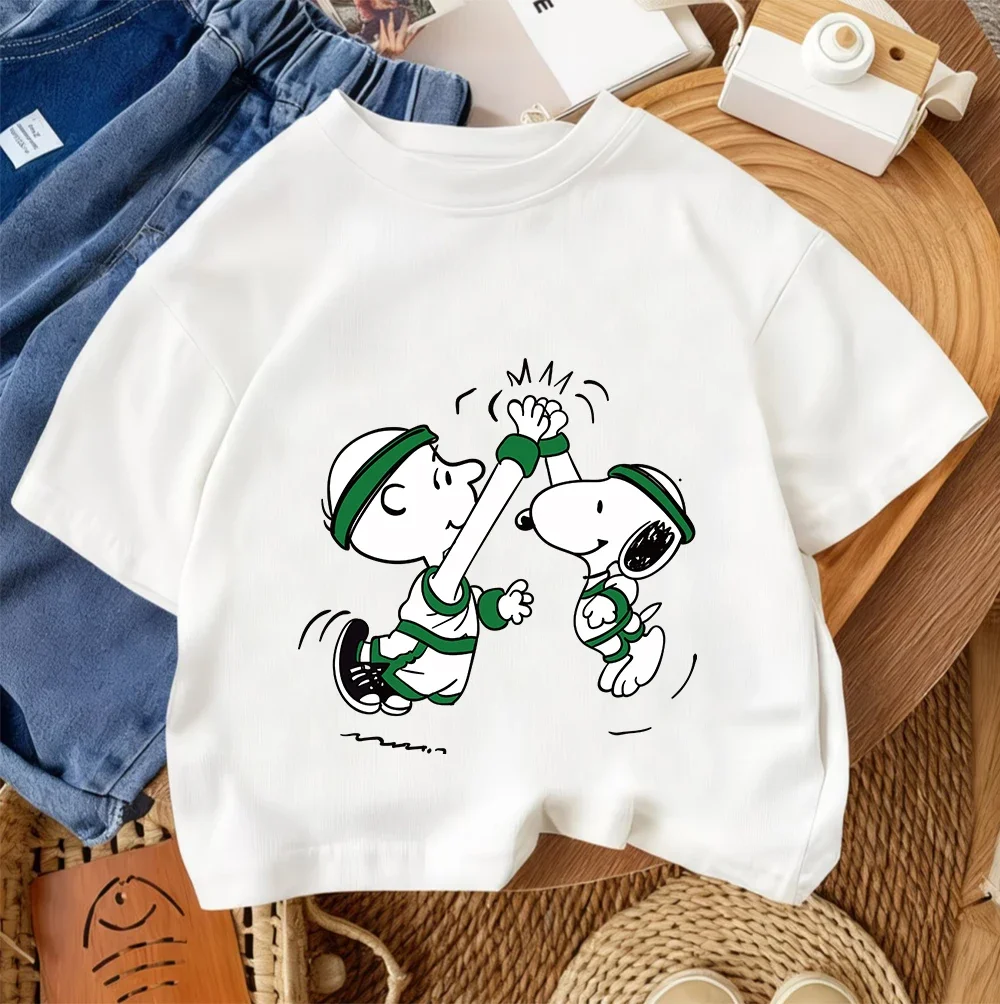 Camiseta estampada bonita de verano, camiseta informal con cuello redondo y dibujos animados, moda urbana, camisa para niños Snoopy de 3 a 14 años
