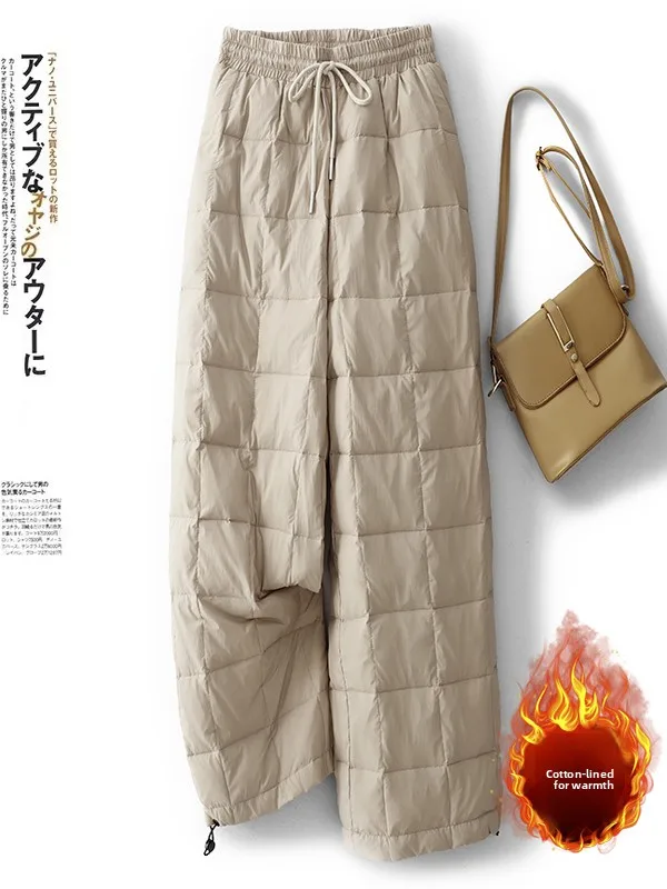 Ciepłe spodnie z mieszanki bawełny w kratę, proste nogawki, casualowe, ze sznurkiem w pasie, plus size, modne, wyszczuplające spodnie zimowe damskie.