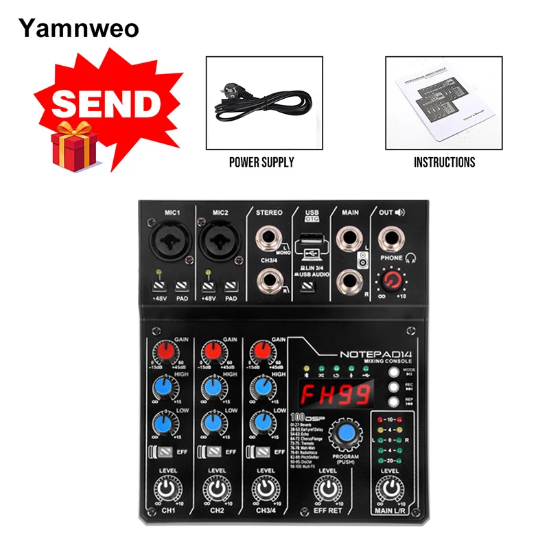 AD14 Professional Audio Mixer Sound Board Console System Interface 4 Channel Digital USB Bluetooth MP3 Computer Input 48V Phantom Power Stereo DJ Studio Streaming FX 100-bit DSP Processor