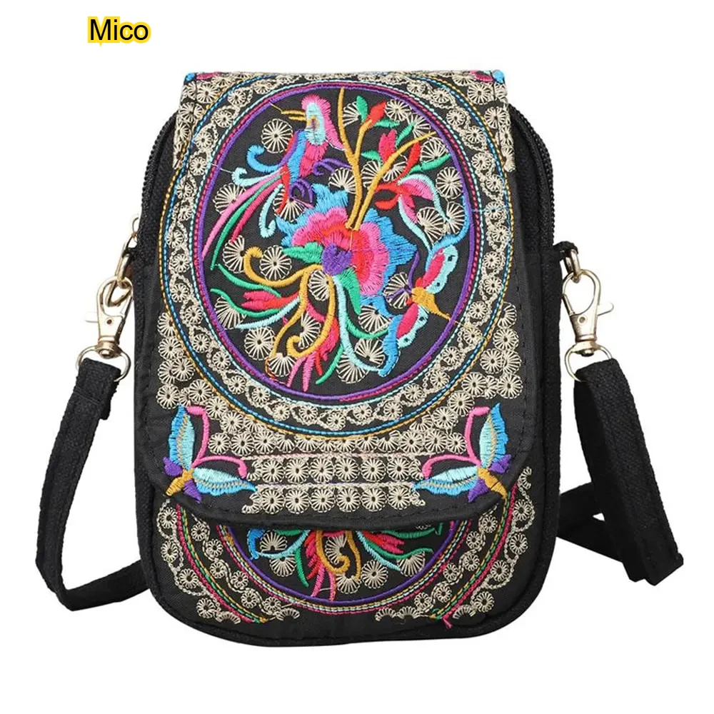 

Embroidered Canvas Phone Storage Bag Stylish Women Zipper Crossbody Organizer Pouch Daily Small Shoulder Carry Storage Bag
