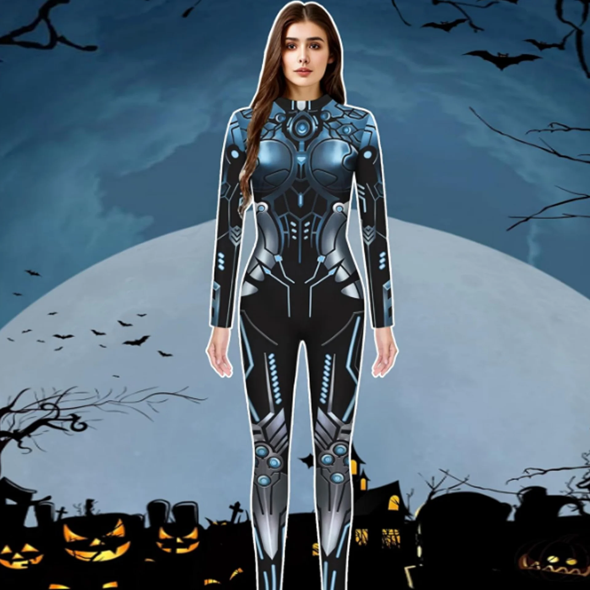 

Ранняя весна 2024, женский цельный костюм, европейский и американский трансграничный цифровой панк-стиль, с длинным рукавом, облегающий принт