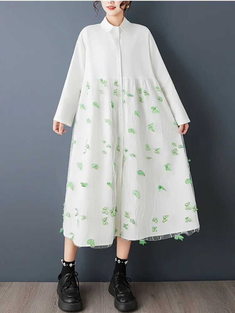 SMTHMA جديد ربيع الخريف فضفاض ثلاثي الأبعاد فراشة شبكة الربط فستان كاجوال المرأة الحلو كم طويل فستان قميص #2