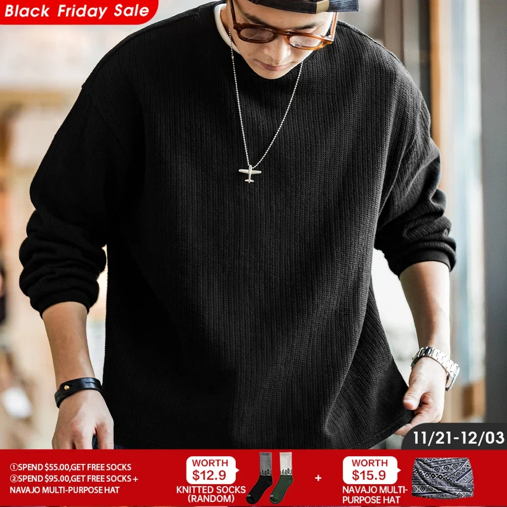 Maden Black Crew Neck Sweater for Men Loose-fit Knitted Hoodie Autumn Casual Drop-shoulder Sleeve Pullover Stretch Ribbed Collar